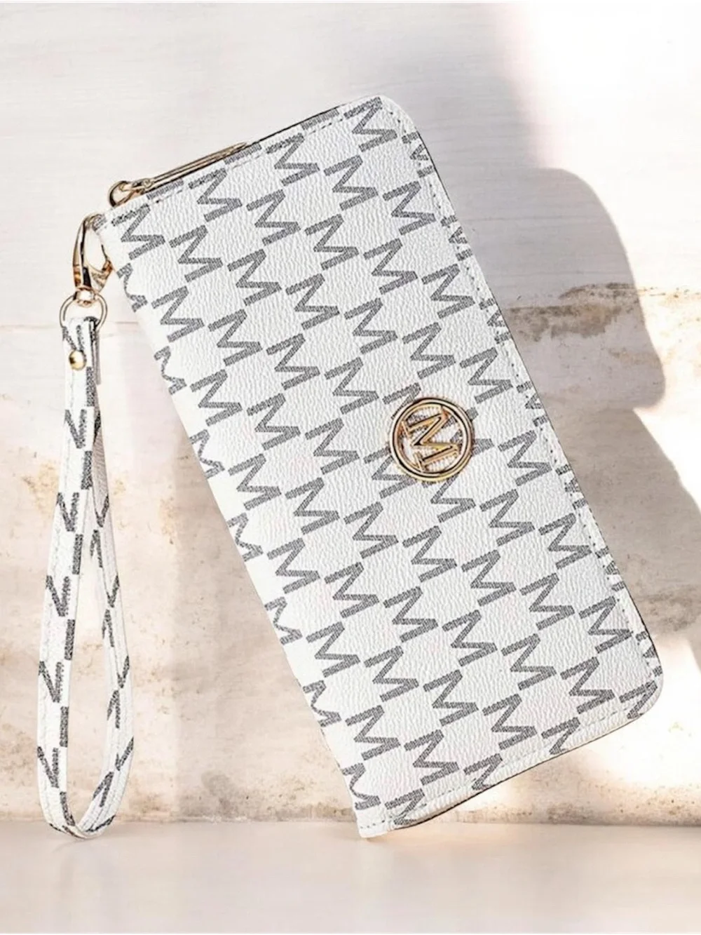 White Logo-Print Wristlet with Gold Emblem